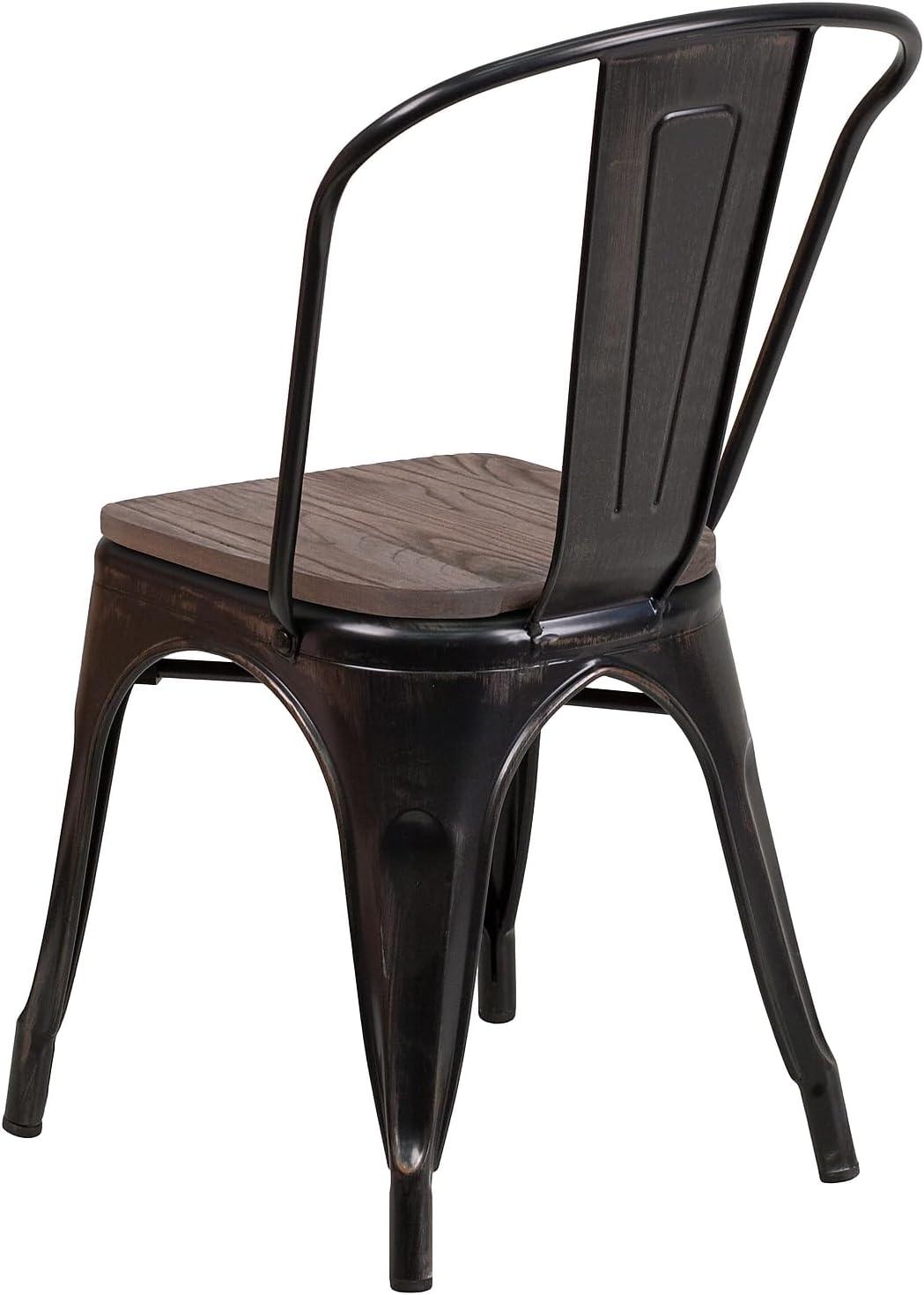 Flash Furniture Black-Antique Gold Metal Stackable Chair with Wood Seat