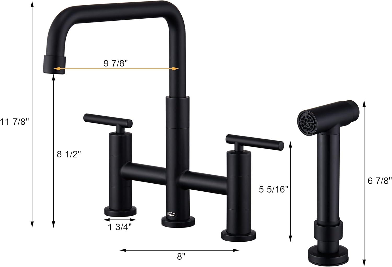 Double Handle Bridge Kitchen Faucet in Brushed Gold, with Put Out Side Sprayer
