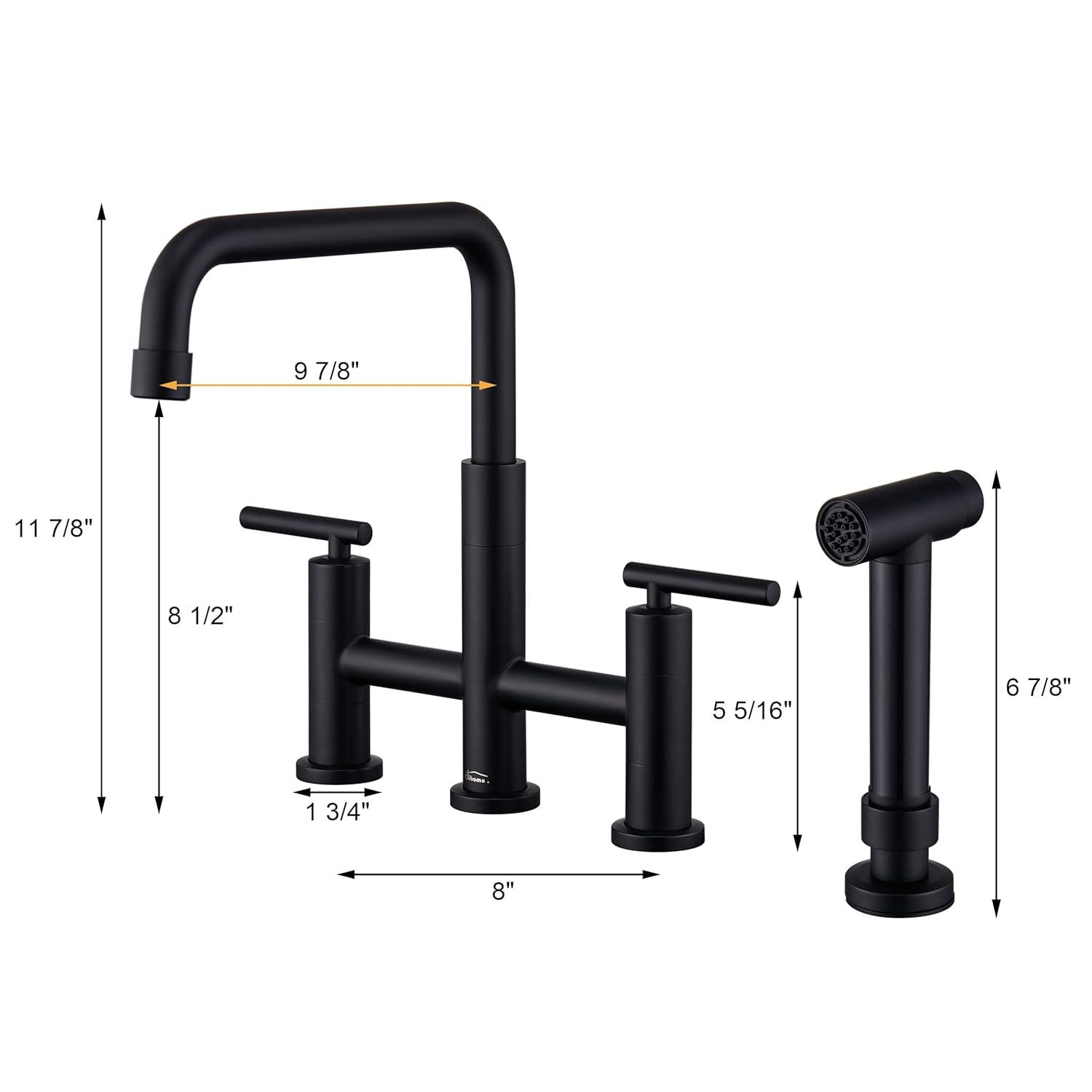 Double Handle Bridge Kitchen Faucet in Brushed Gold, with Put Out Side Sprayer