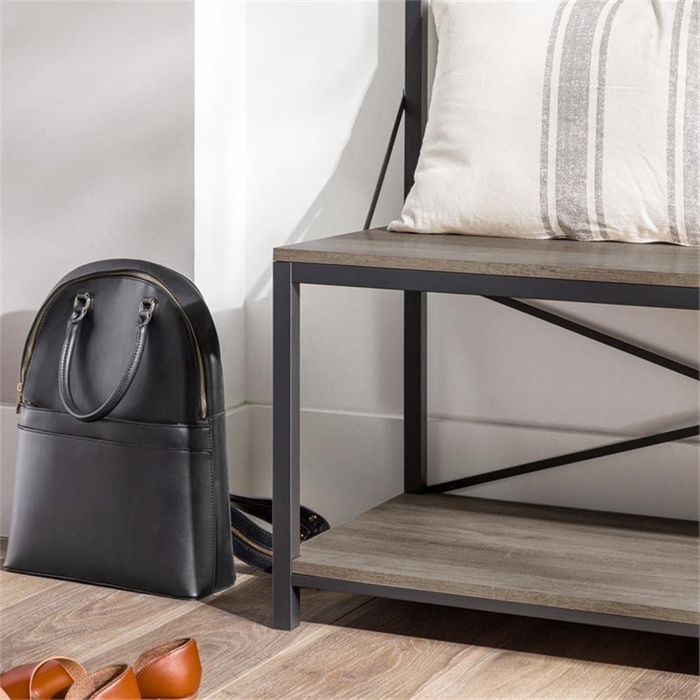 72" Gray Wash Industrial Metal and Wood Hall Tree with Bench