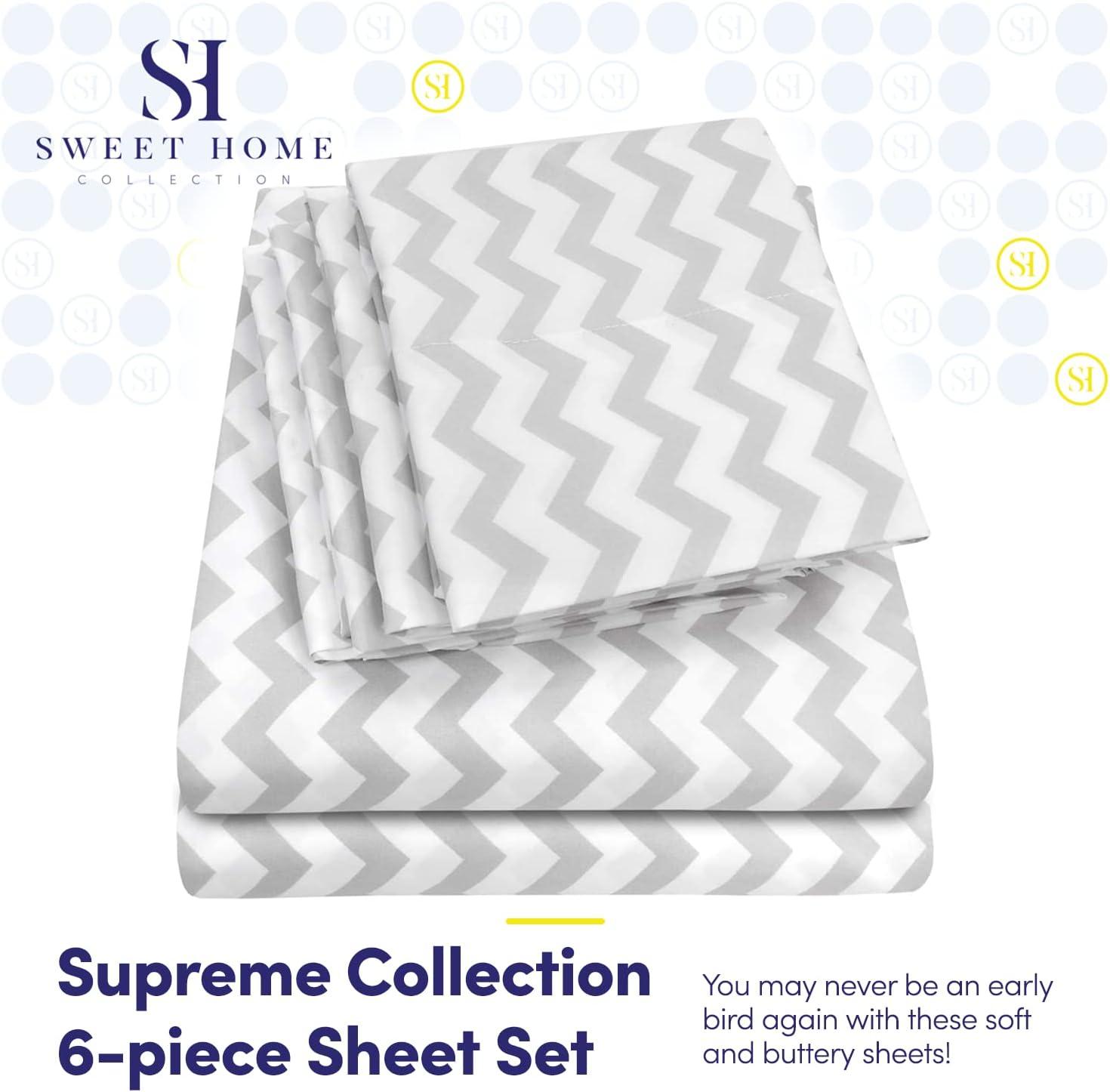 6 Piece Chevron Printed Gray Sheet Set, Deluxe Ultra Soft 1500 Series, Double Brushed Microfiber by Sweet Home Collection® - Queen