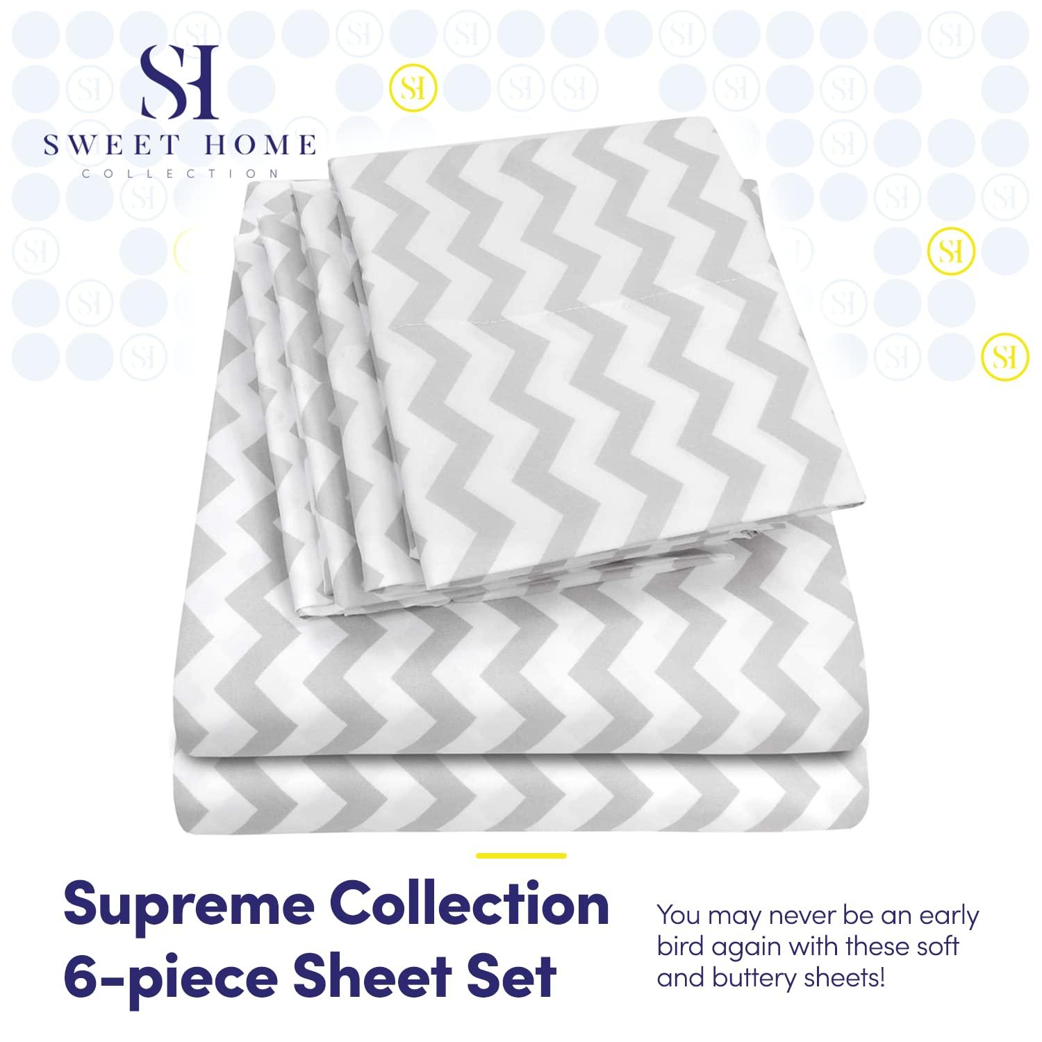 6 Piece Chevron Printed Gray Sheet Set, Deluxe Ultra Soft 1500 Series, Double Brushed Microfiber by Sweet Home Collection® - Queen
