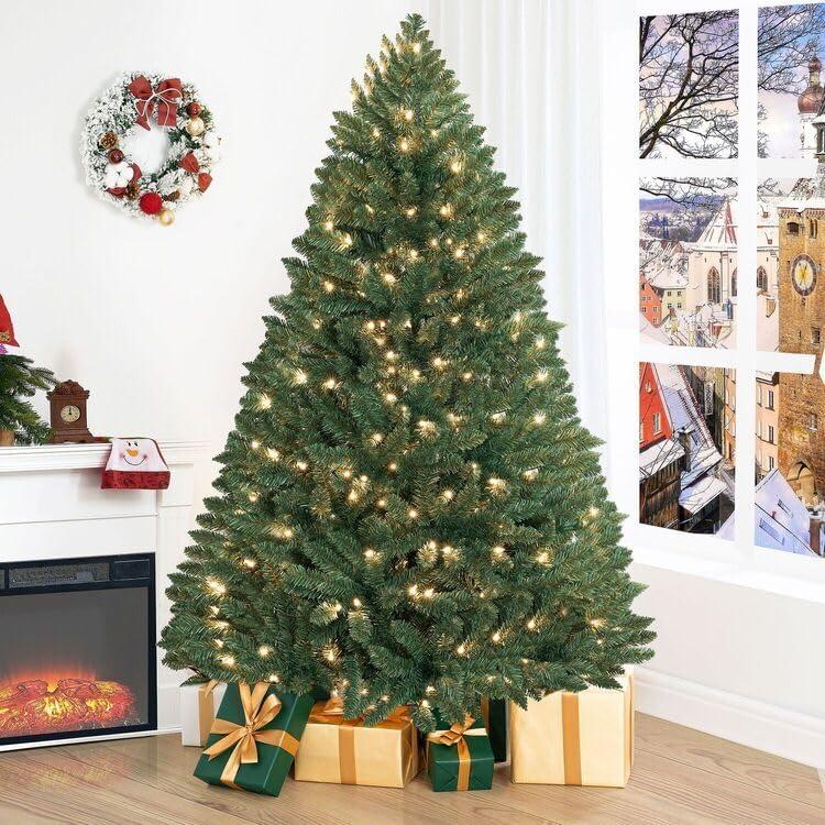 Naomi Home 6.5ft Christmas Tree with Lights, Realistic Spruce Christmas Tree Prelit with Foot Pedal, 1197 Branch Tips, 450 Warm Lights and Metal Stand, Aritificial Christmas Tree, Árbol De Navidad