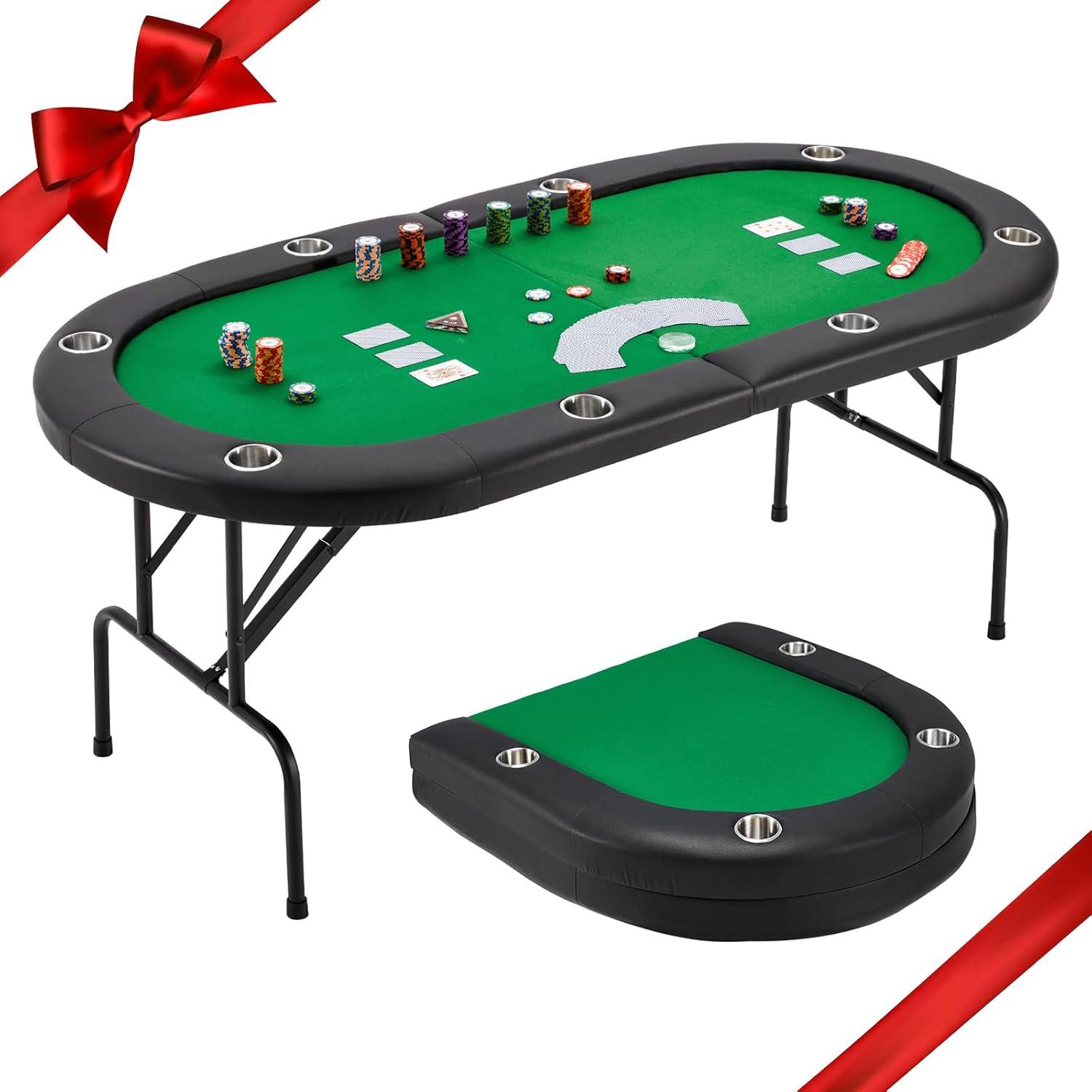 Folding Poker Table for 8 Players, Card Table with Cup Holder, Casino Leisure Table with Green Felt Surface for Blackjack Board Games