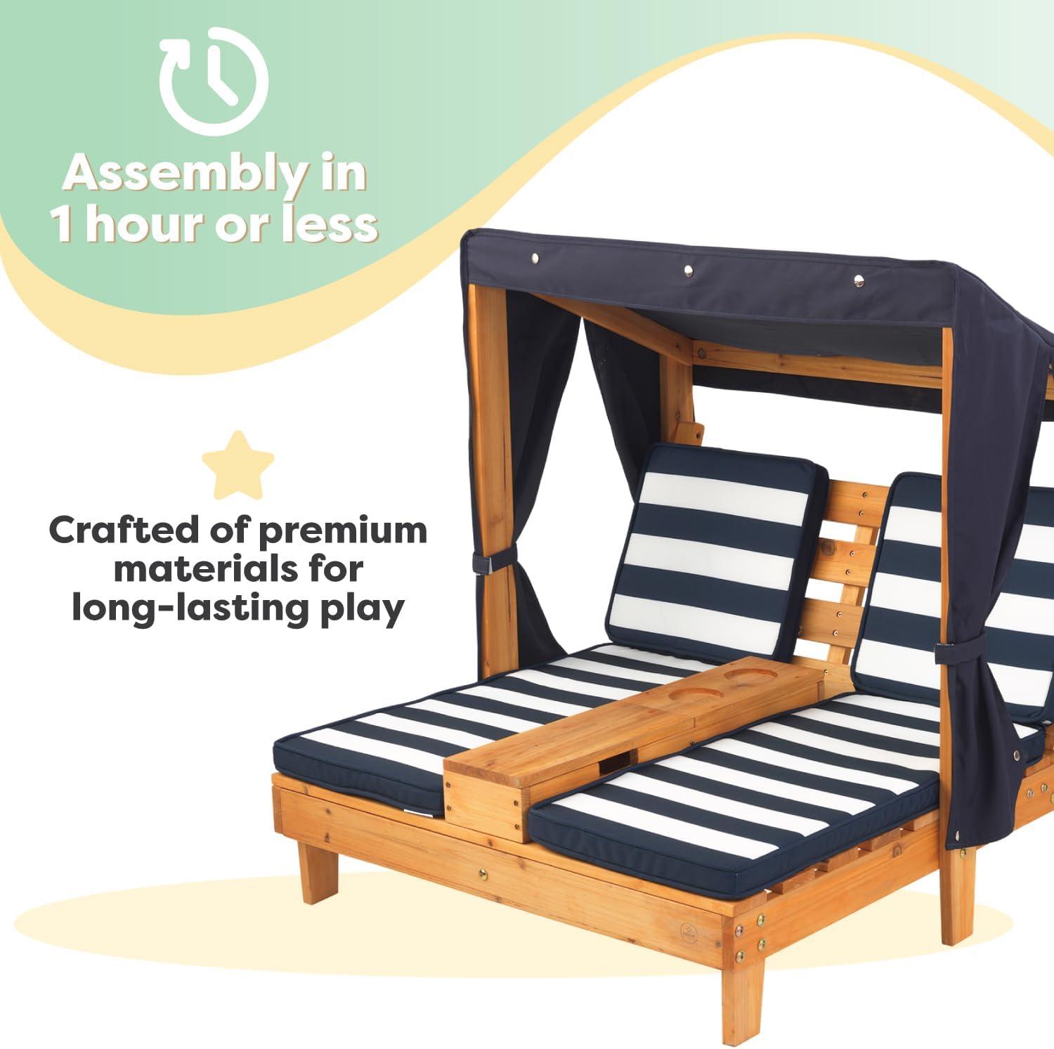 KidKraft Wooden Outdoor Double Chaise with Cup Holders, Kid's Furniture, Honey & Navy