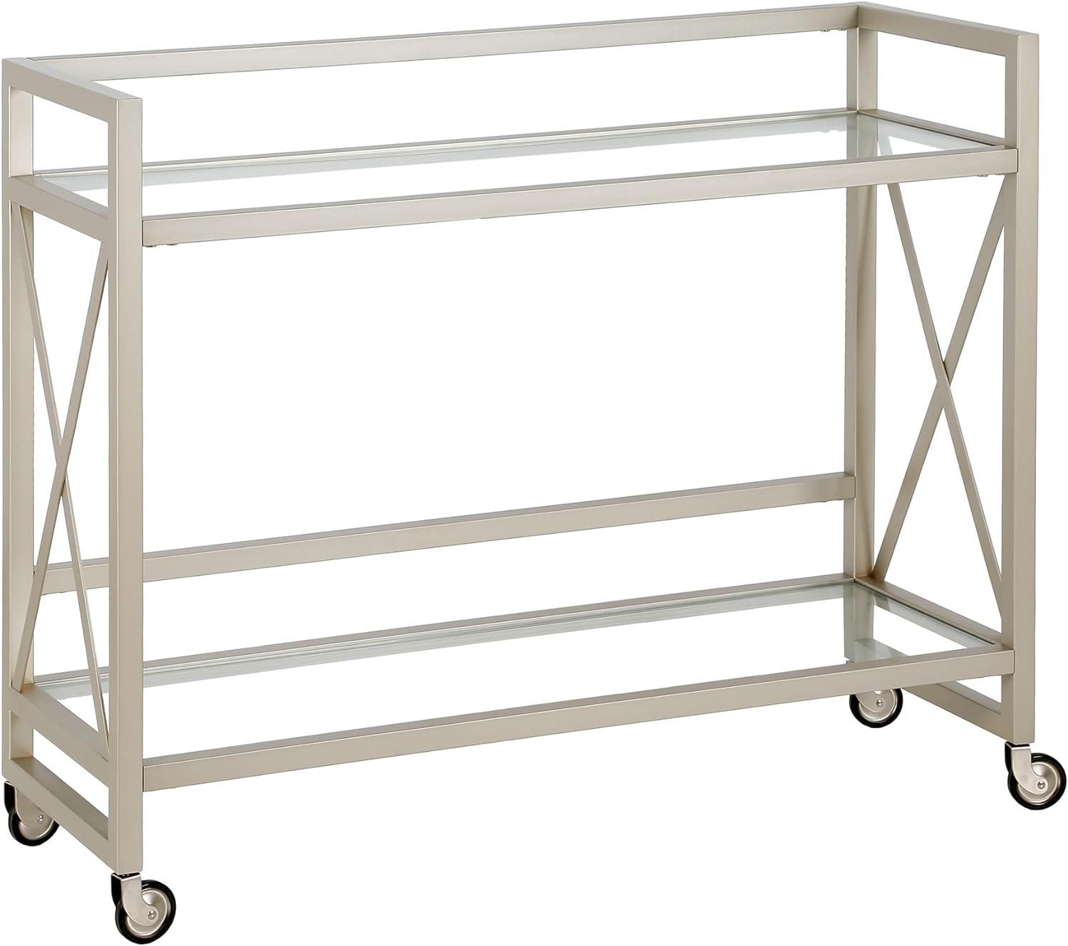 Contemporary Satin Nickel Rolling Bar Cart with Glass Shelves