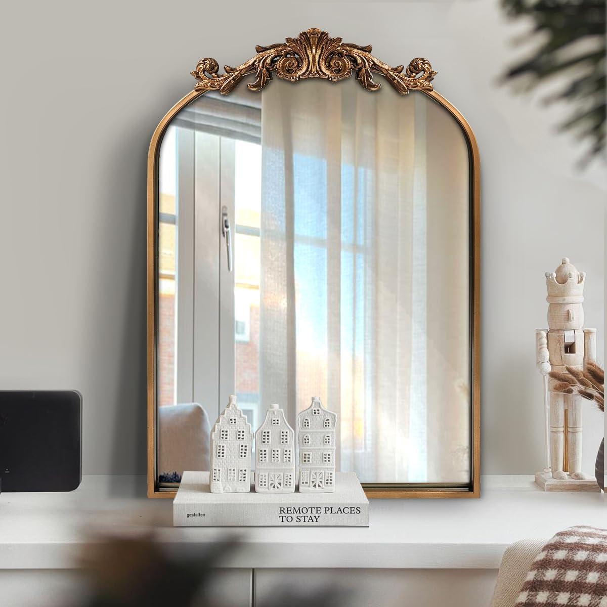 BohoBliss 24"X36" Gold Vintage Mirror for Wall, Antique Arch Mirror, Victorian Ornate Baroque Mirror for Wall, Mantel, Fireplace, Living Room, Hallway, Bathroom, Bedroom, Entryway