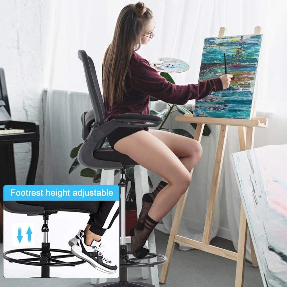 Drafting Chair Tall Office Chair Adjustable Height with Lumbar Support Flip Up Arms Footrest Mid Back Task Mesh Desk Chair Computer Chair Drafting Stool for Standing Desk, Black