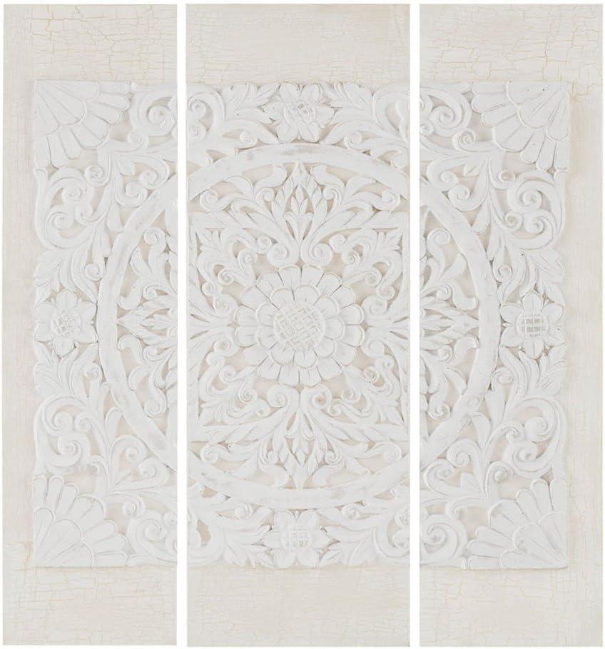 (Set of 3) 35.5" Height Wooden Mandala 3D Embellished Canvas Decorative Wall Art Set White: Resin Carved, Rustic Charm, Vertical Display