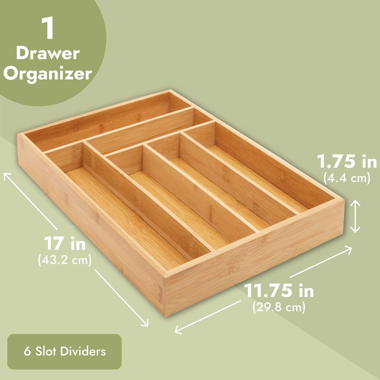 Bamboo Silverware Organizer for Drawer, Kitchen, 6 Slot Utensil Tray (17 x 11.75 x 1.75 In)