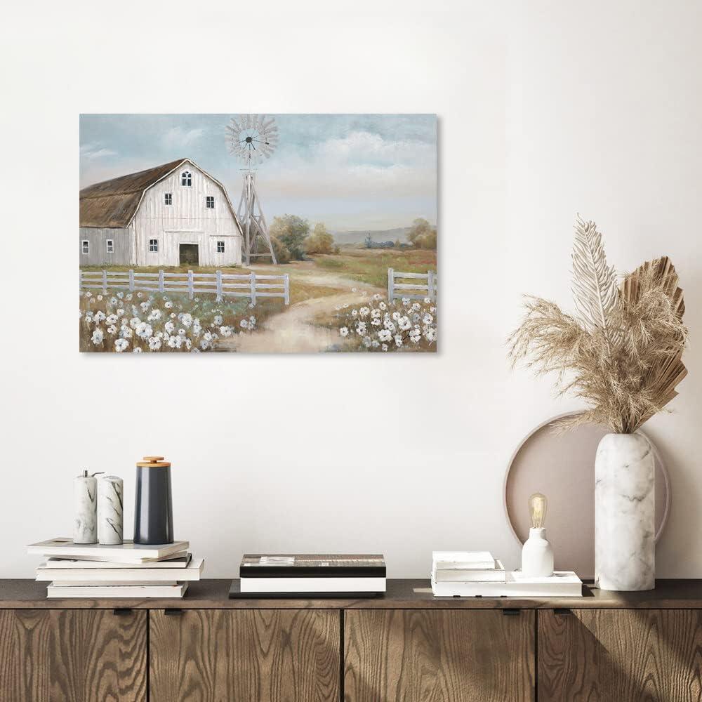 Pictures of Barns Prints Wall Canvas Old Rustic Bedroom Windmill Wall Decor Farmhouse Barn Pictures wall Art Blue sky and White Floral Retro Paintings (24"x 16"x 1panel)
