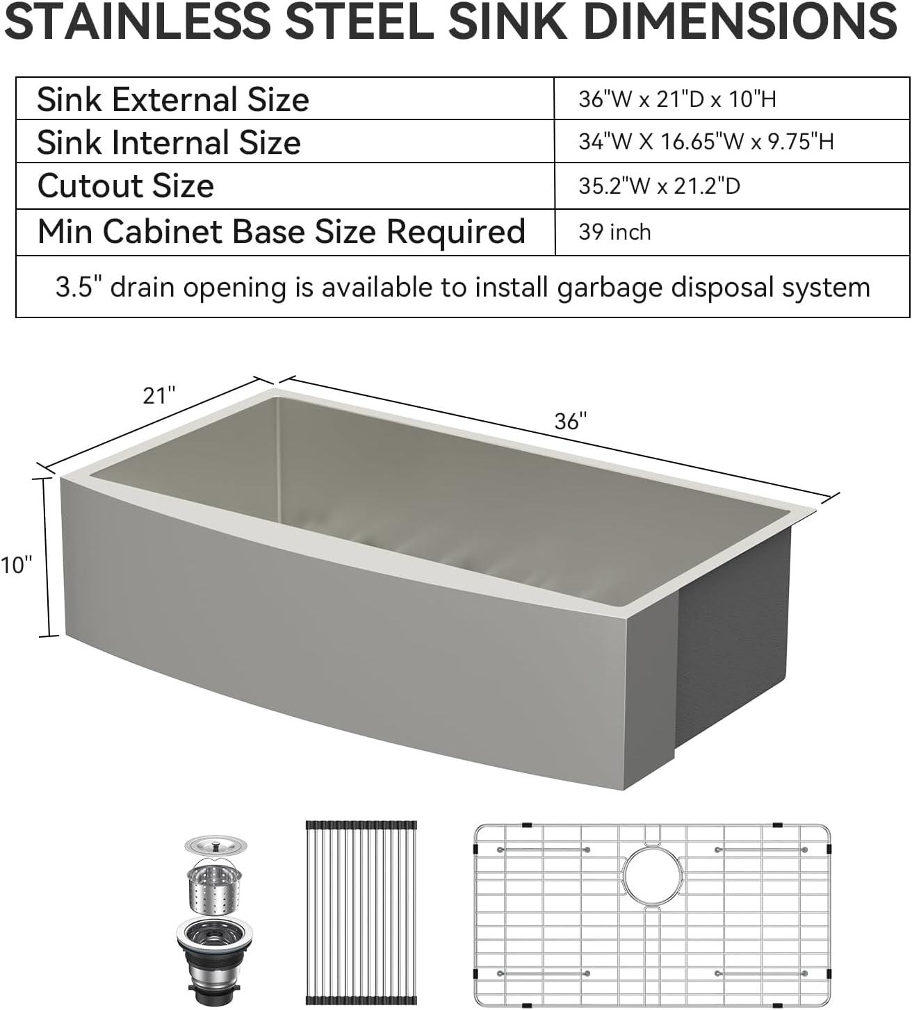 36-Inch Brushed Stainless Steel Farmhouse Apron-Front Single Bowl Kitchen Sink