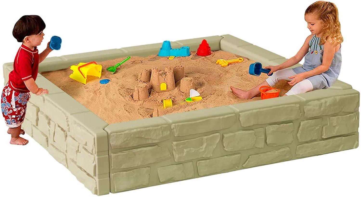 Modern Home 4ft x 4ft All Weather Stone Outdoor Sandbox Kit w/Cover - Sand Play Box w/Liner (Beige)