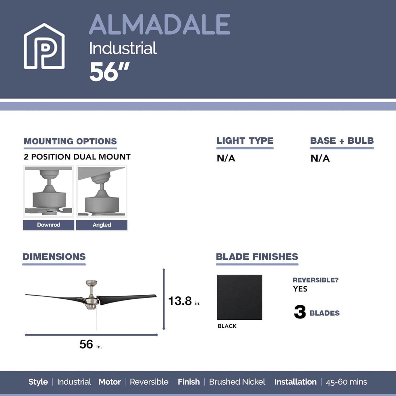 Prominence Home Armadale 56" Nickel Industrial Ceiling Fan with 3 Blades, Pull Chain & Reverse Airflow