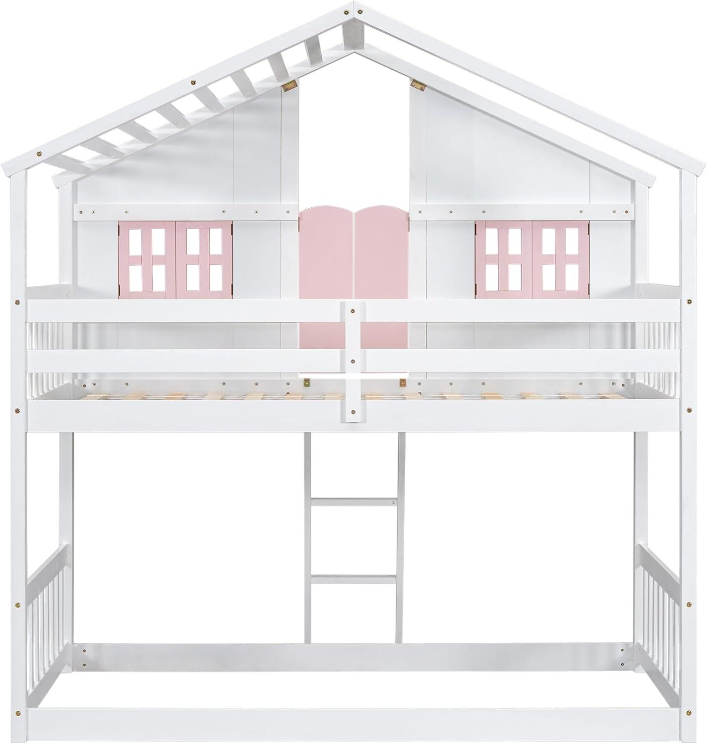 HighSound Twin Over Twin House Bunk Bed Frame with Roof, Window, Ladder and Safety Guardrails for Boys Girls, White & Pink