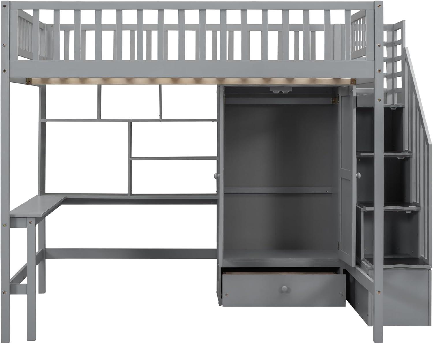 Bellemave Full Size Loft Bed with Stairs and Wardrobe, Wood Loft Beds Frame with Desk and Storage Drawers, Stairway Loft Bed for Kids, Teens & Adults（Gray）