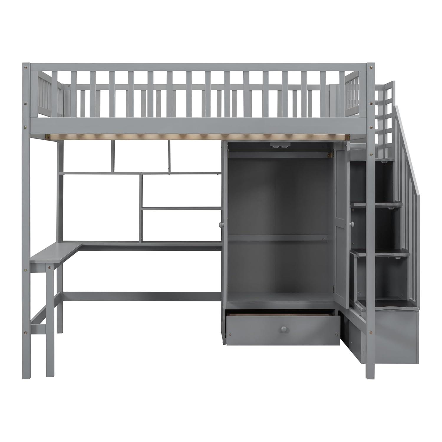 Bellemave Full Size Loft Bed with Stairs and Wardrobe, Wood Loft Beds Frame with Desk and Storage Drawers, Stairway Loft Bed for Kids, Teens & Adults（Gray）