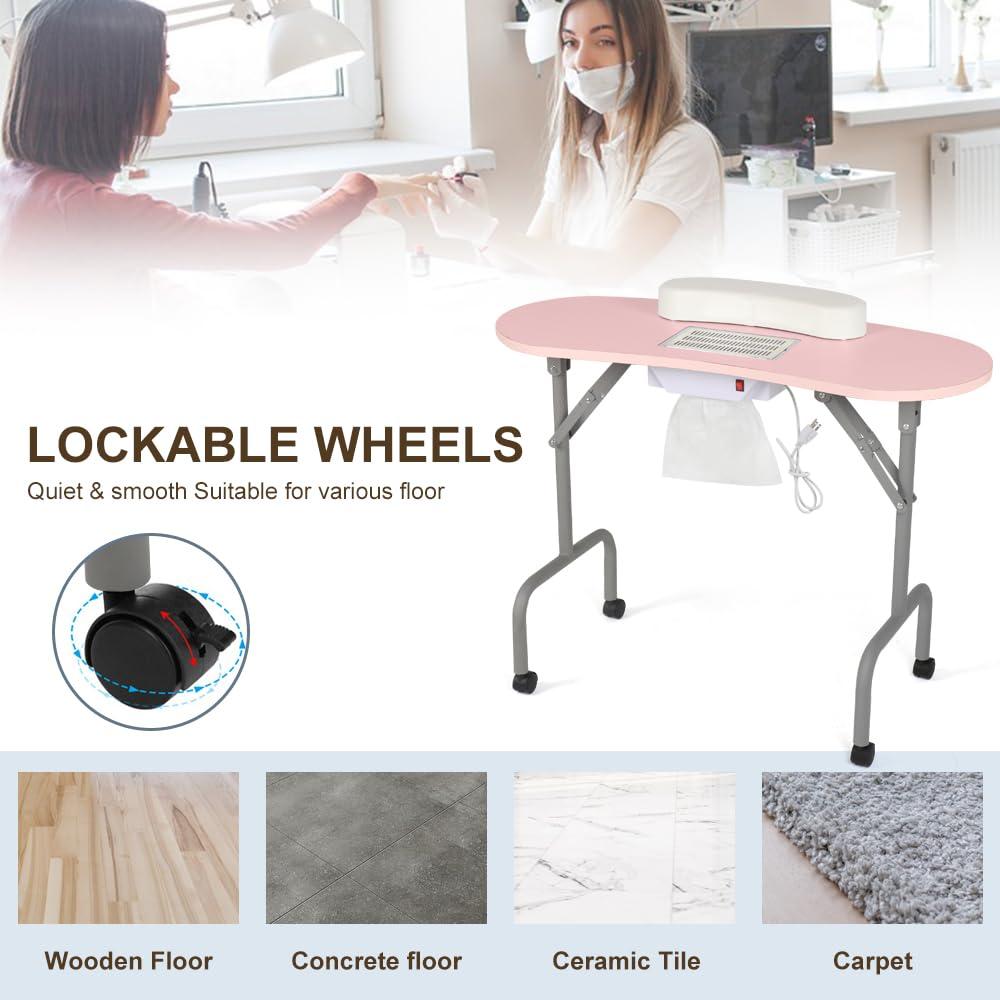 Portable Manicure Table Foldable Nail Desk with Large Drawer Nail Tech Table for Technician Salon Workstation Client Wrist Cushion/Carry Bag/4 Lockable Wheels, 36-inch, Pink