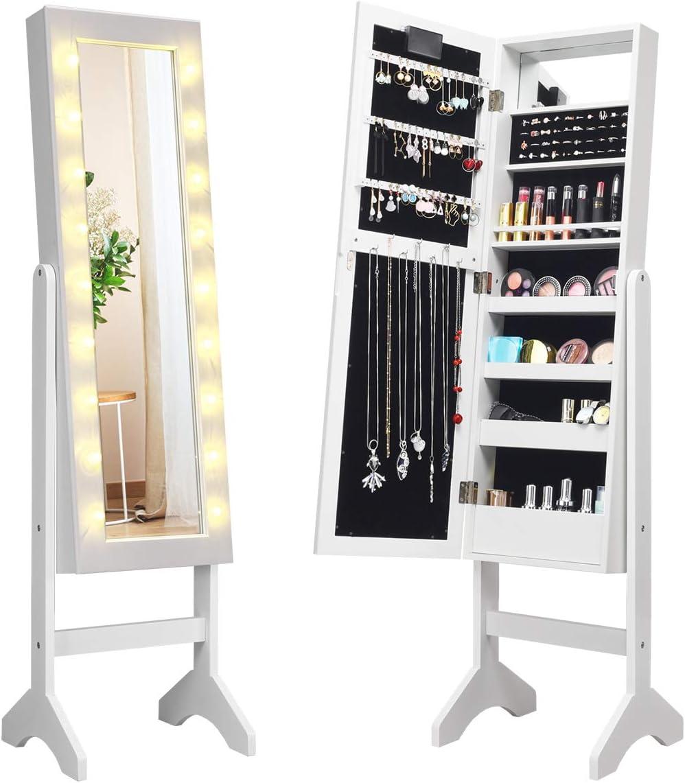 QuellQuest Standing Jewelry Armoire with 18 LED Lights Around the Door, Large Storage Mirrored Jewelry Cabinet with Full Length Mirror, 16 Lipstick Holders, 1 Inside Makeup Mirror (White)