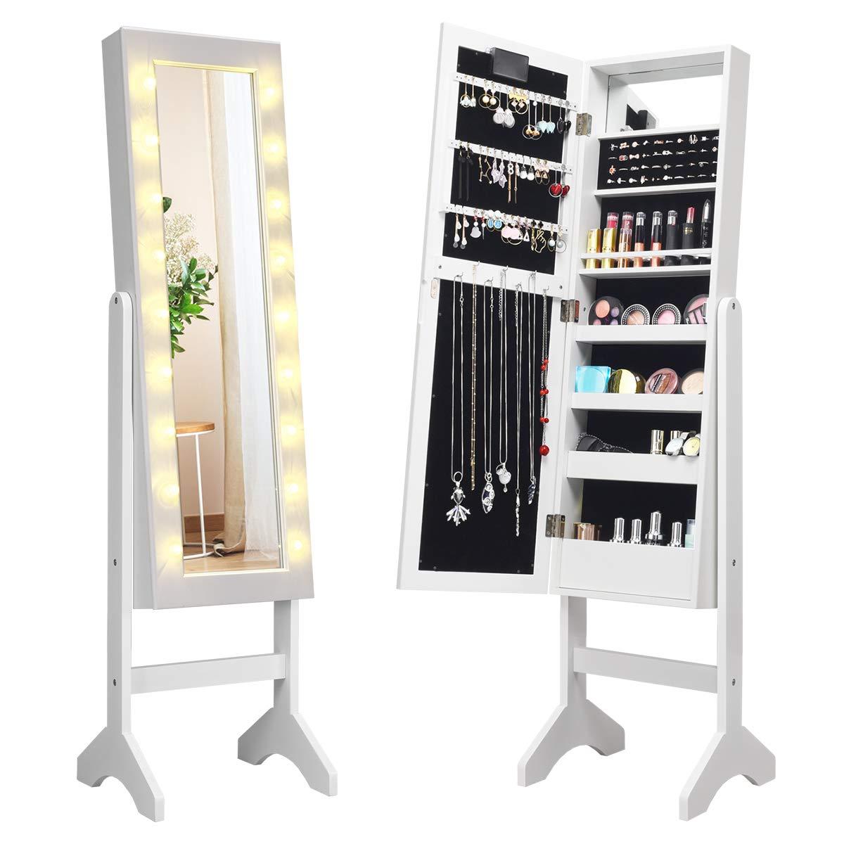 QuellQuest Standing Jewelry Armoire with 18 LED Lights Around the Door, Large Storage Mirrored Jewelry Cabinet with Full Length Mirror, 16 Lipstick Holders, 1 Inside Makeup Mirror (White)
