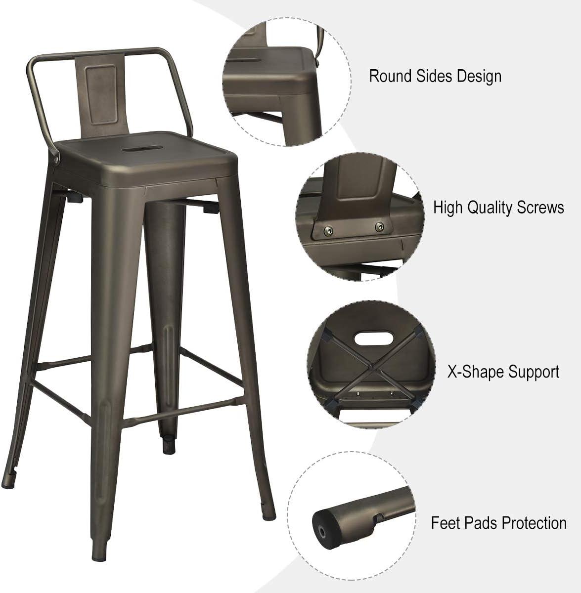 Costway Set of 4 Metal Bar Stools 30'' Bar Height Barstools Industrial w/ Low Back Gun