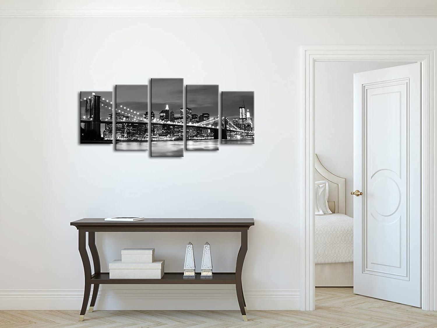 Wieco Art New York Brooklyn Bridge Canvas Wall Art Night View 5 Panels Modern Landscape Artwork Canvas Prints Abstract Pictures to Photo Canvas Wall Decor for Home & Office Decorations
