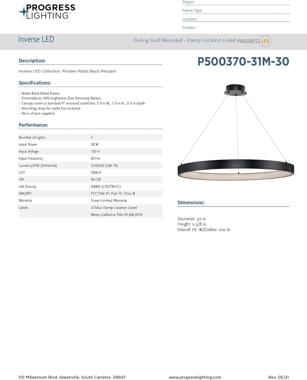 Progress Lighting, Inverse, 1-Light, Ceiling Light, Matte Black, No Shade