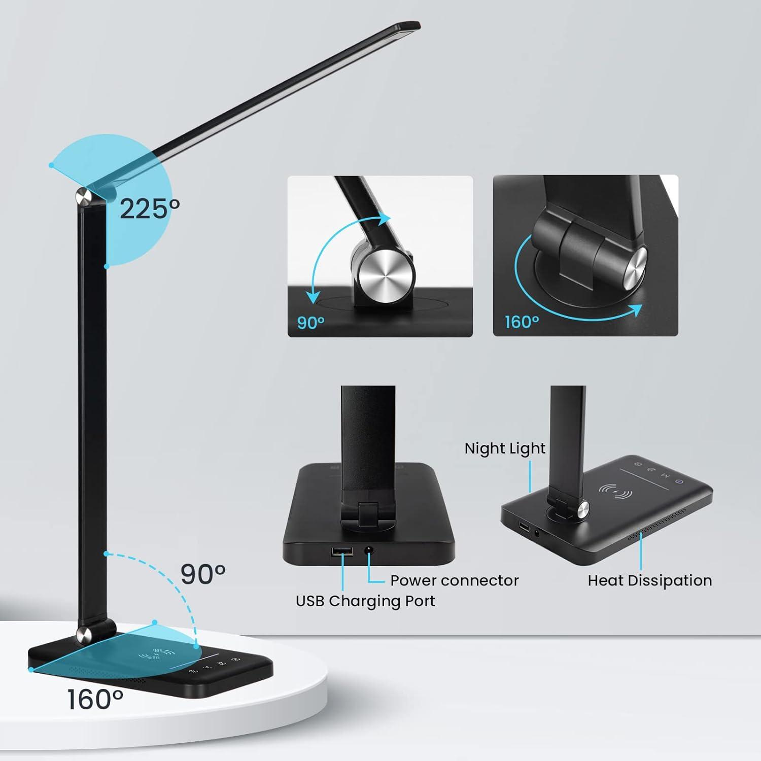 LED Desk Lamp with Wireless Charger, USB Charging Port, Desk Lighting with 5 Brightness Level,5 Lighting Modes, Dimmable Eye-Caring Reading Desk Light for Home, Office Lights,Touch Control,Auto Timer