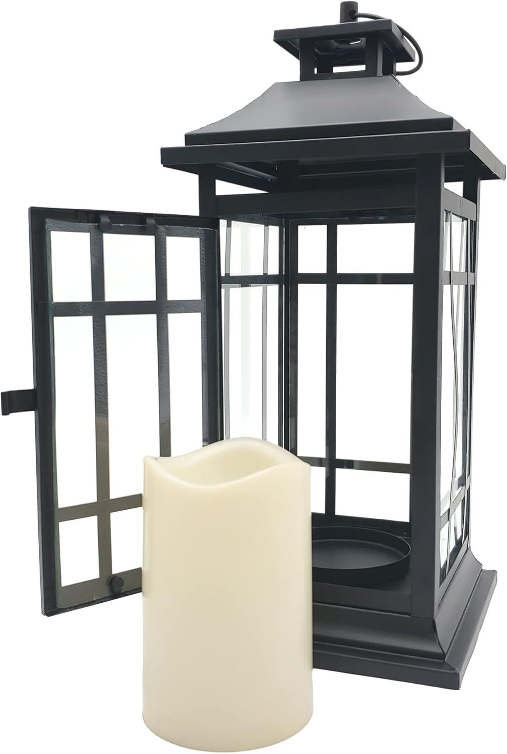 LumaBase Battery Operated Metal Lantern with LED Candle - Black Window (14 inches)