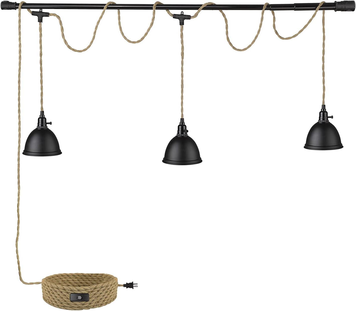 Black Metal Triple Pendant Light with Twisted Hemp Rope