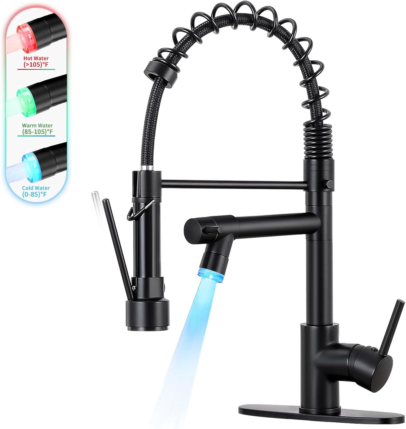 Matte Black Stainless Steel LED Kitchen Faucet with Pull-out Spray