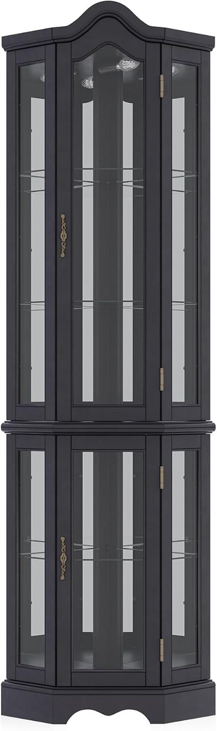 BELLEZE Lighted 3-Side Glass Display Curio Cabinet w/ Tempered Glass Doors and Shelves, Curved Wood Corner Cabinet with Bulb, Corner Storage Decoration Rack for Living room & Bedroom Loraine (Black)