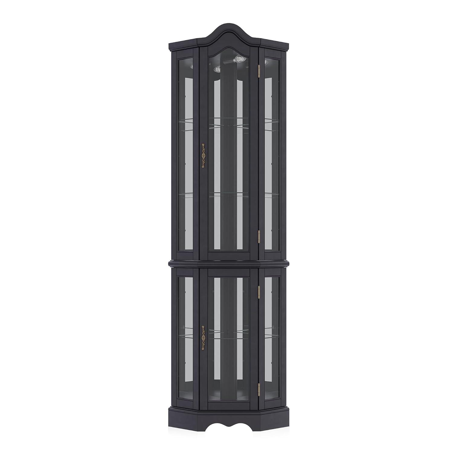 BELLEZE Lighted 3-Side Glass Display Curio Cabinet w/ Tempered Glass Doors and Shelves, Curved Wood Corner Cabinet with Bulb, Corner Storage Decoration Rack for Living room & Bedroom Loraine (Black)