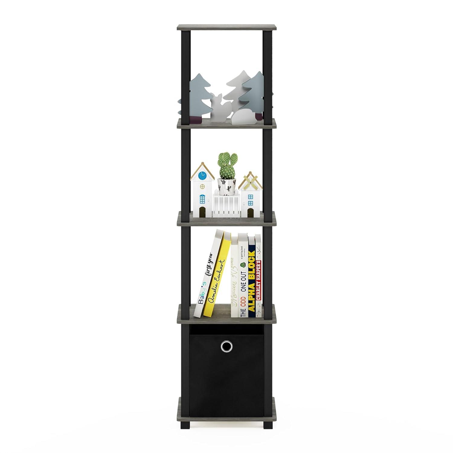 Furinno TNT No Tools 5-Tier Display Decorative Shelf with One Bin, French Oak Grey/Black/Black