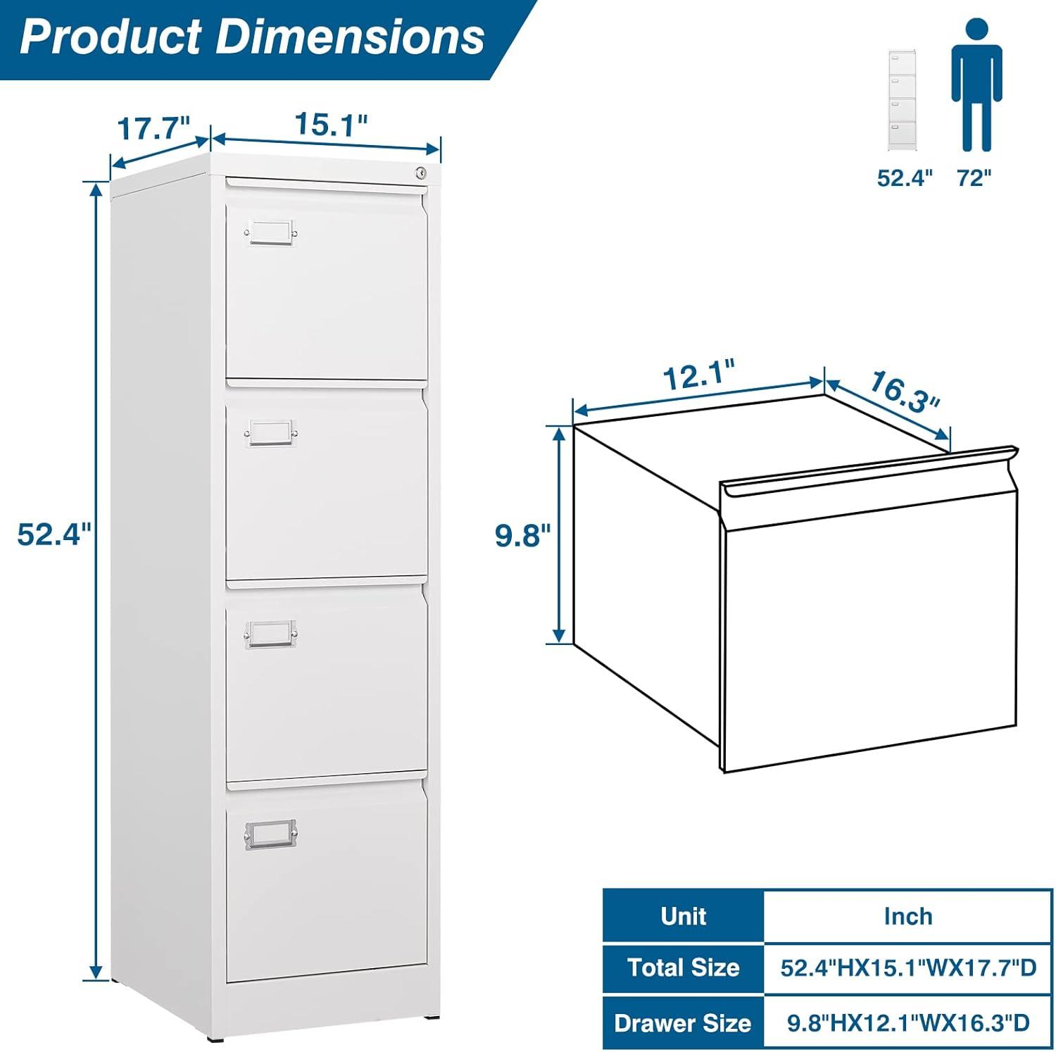 4 Drawer File Cabinet, 17.8" D Metal Filing Cabinets with Lock, Vertical Filing Cabinet for Home Office, Steel File Cabinet for Letter/Legal/A4/F4 Size, Easy Assemble (White)