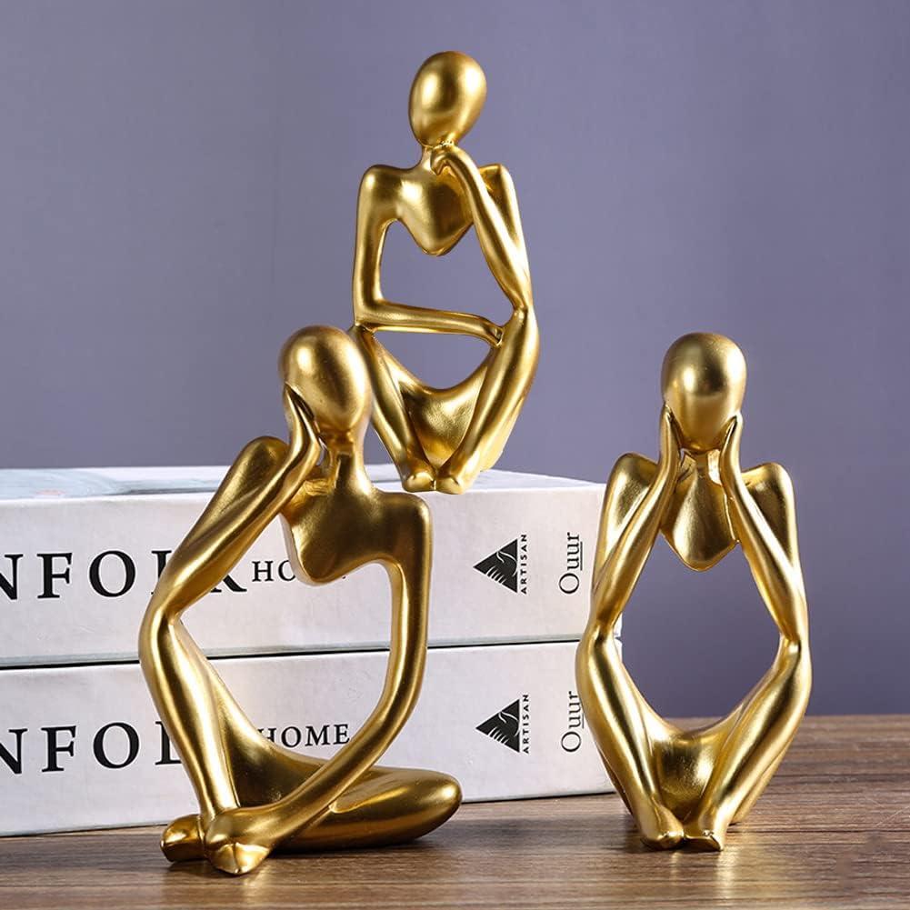 3pcs Modern Abstract Statues Sculpture,Resin Artistic Thinker Figure Thinking Man Figurines Desktop Decorations Artist Crafts for Home Office Shelf Bookshelf Decor,Gold