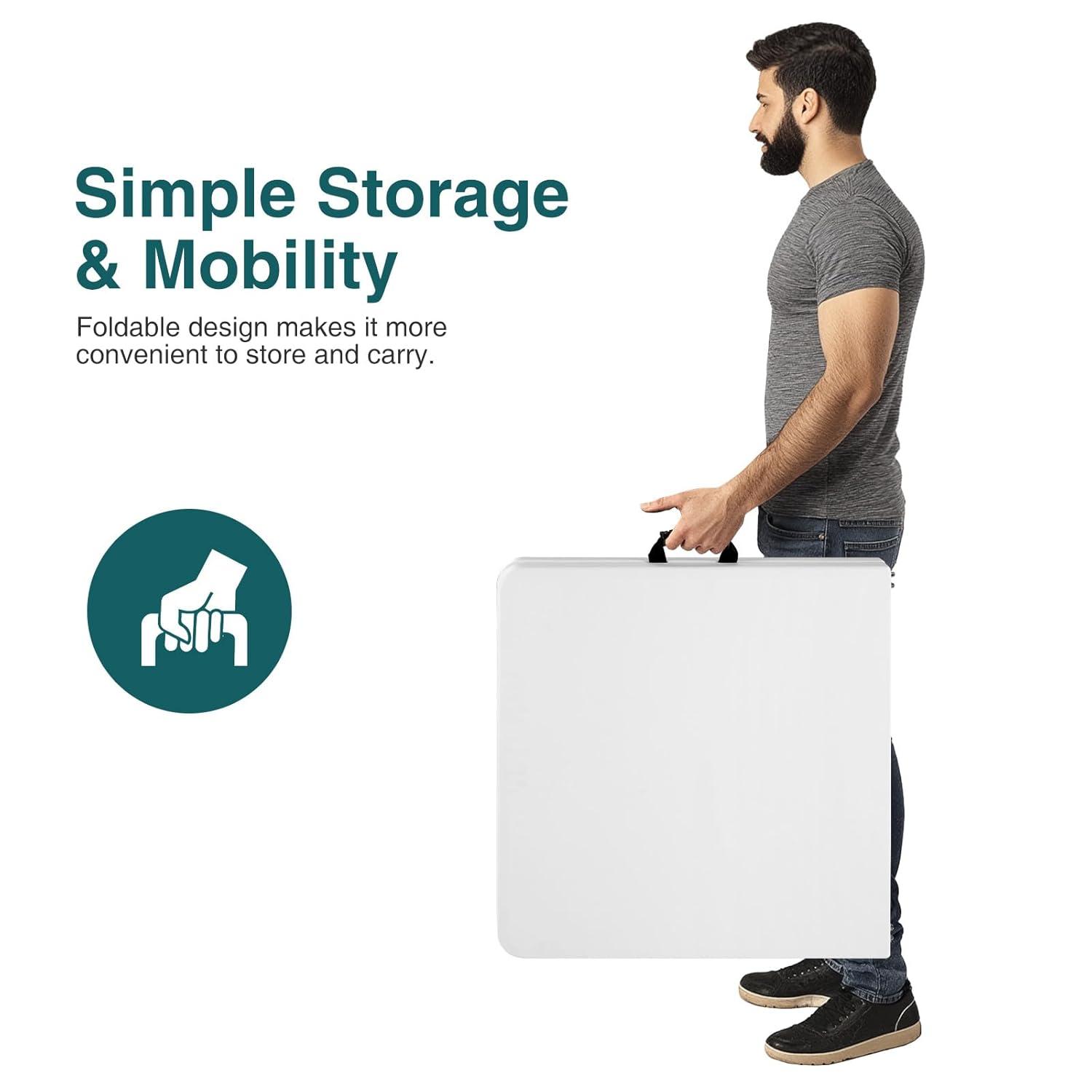 4 ft Portable Folding Table, Idustrial Heavy-Duty Foldable Table, HDPE Plastic Table, with Carrying Handle, Locks, Stright Legs for Indoor & Outdoor Party, Barbeque, Camping, Board Games - White