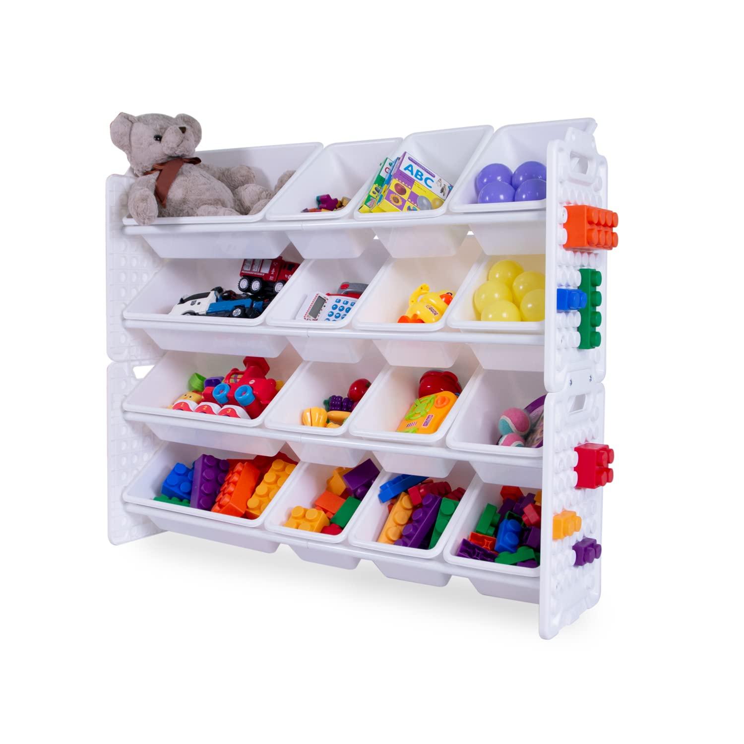 UNiPLAY Toy Organizer With 16 Removable Storage Bins, Multi-Bin Organizer for Books, Building Blocks, School Materials, Toys with Baseplate Board Frame (Primary)