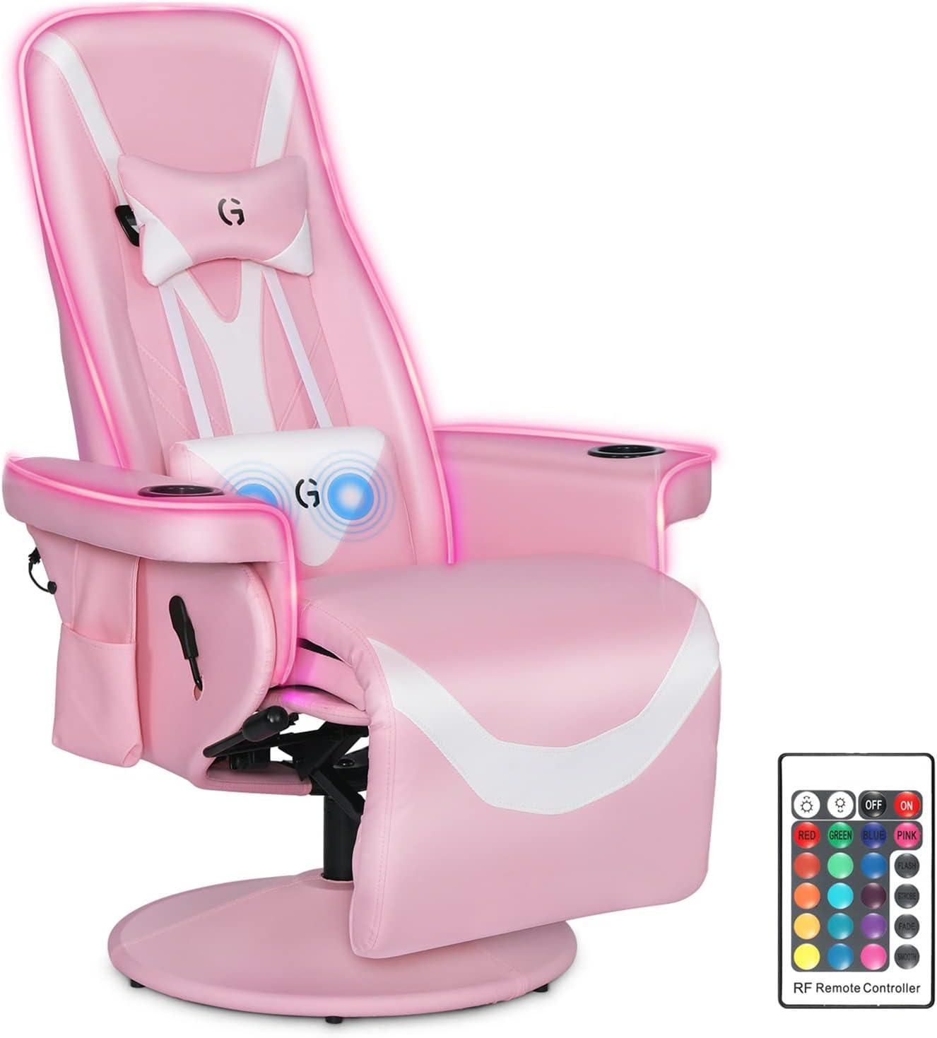 Queen Throne Video Gaming Chair Ergonomic Recliner Racing Chair, High Back Swivel Chair with Footrest and Adjustable Backrest, Lumbar Support, Headrest and Cupholders, Pink White