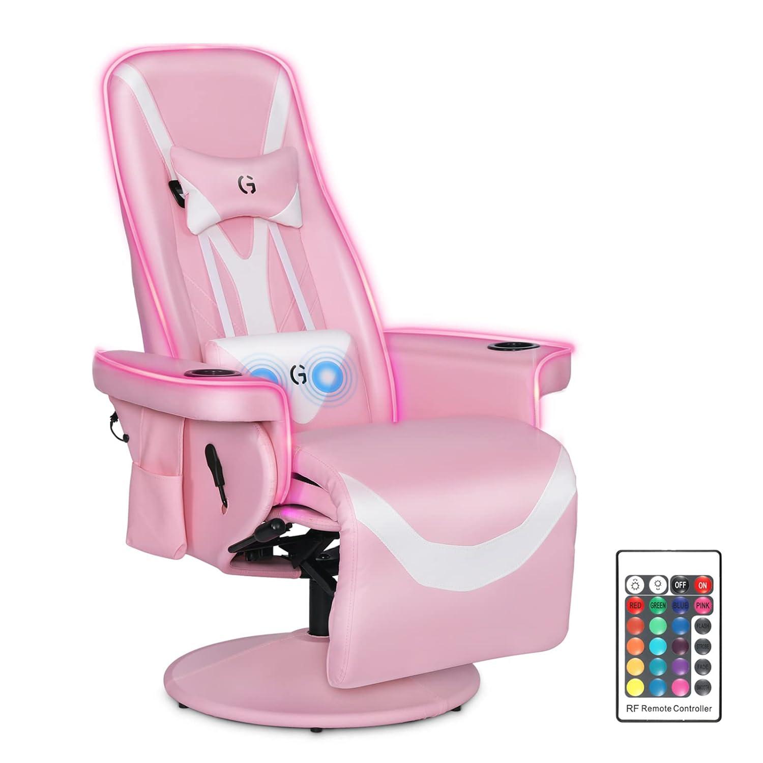 Queen Throne Video Gaming Chair Ergonomic Recliner Racing Chair, High Back Swivel Chair with Footrest and Adjustable Backrest, Lumbar Support, Headrest and Cupholders, Pink White