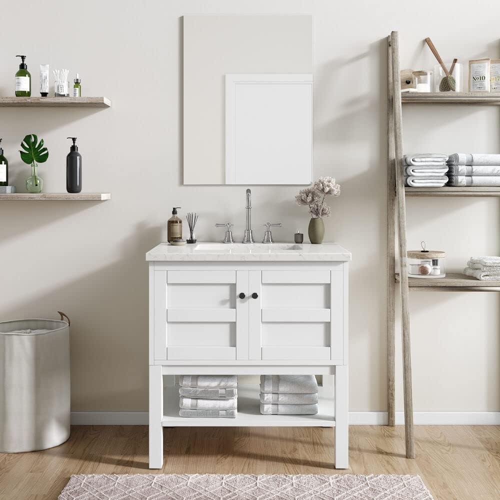 Hanover Manorville 31'' Vanity Cabinet with Sink Combo for Bathroom, Powder Room | Pre-Assembled Cabinet | Artificial Stone Marble Countertop, White Cabinet | HANVN0101-31-1WH