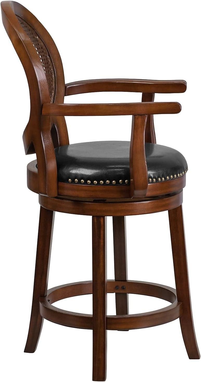 Flash Furniture 26'' High Expresso Wood Counter Height Stool with Arms, Woven Rattan Back and Black LeatherSoft Swivel Seat