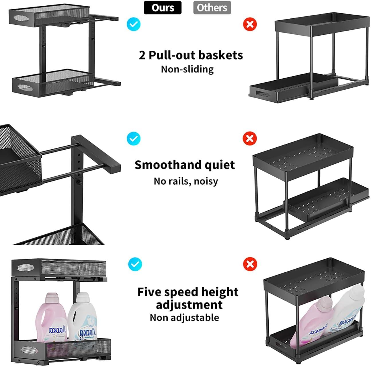 DELAMU 2 Pack Under Sink Organizers and Storage, Pull Out Trash Can Under Cabinet, 2 Tier Bin Organizer with Hooks and Haning Cups, Multi-Purpose Sliding Under Cabinet Organizer