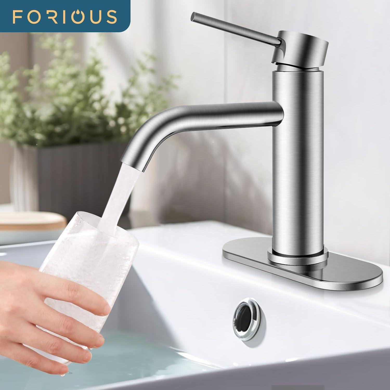Single Handle Mid-Arc Bathroom Faucet with Deckplate and Pop-Up Drain in Brushed Nickel