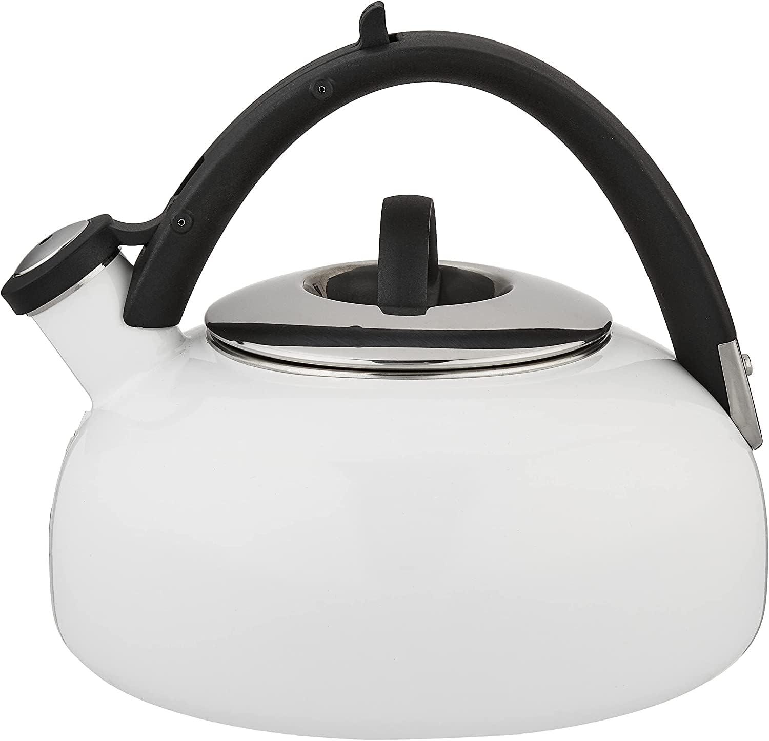 White Enamel 2-Quart Whistling Tea Kettle with Silicone Handle