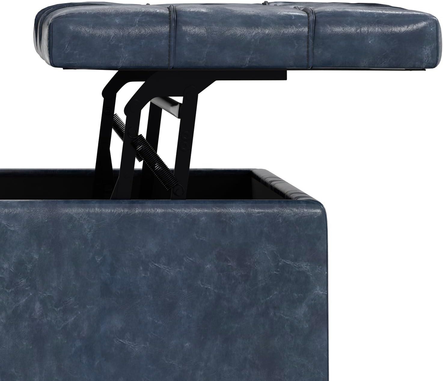 Harrison 40 inch Wide Coffee Table Storage Ottoman in Blue Vegan Faux Leather