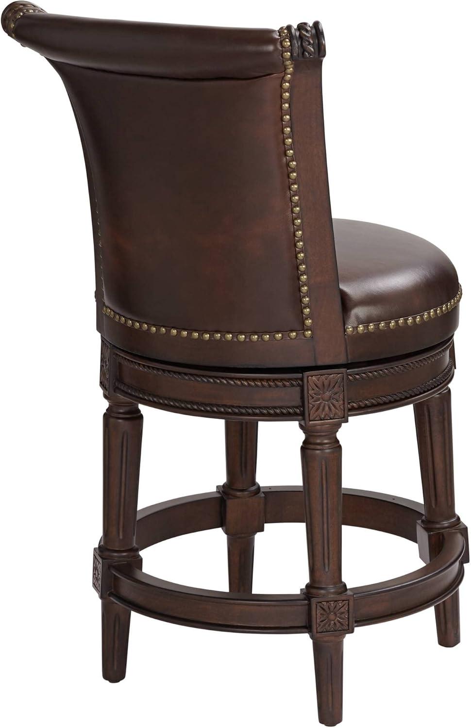 55 Downing Street Addison Walnut Swivel Bar Stool Brown 26" High Traditional Mocha Leather Cushion with Backrest Footrest for Kitchen Counter Height
