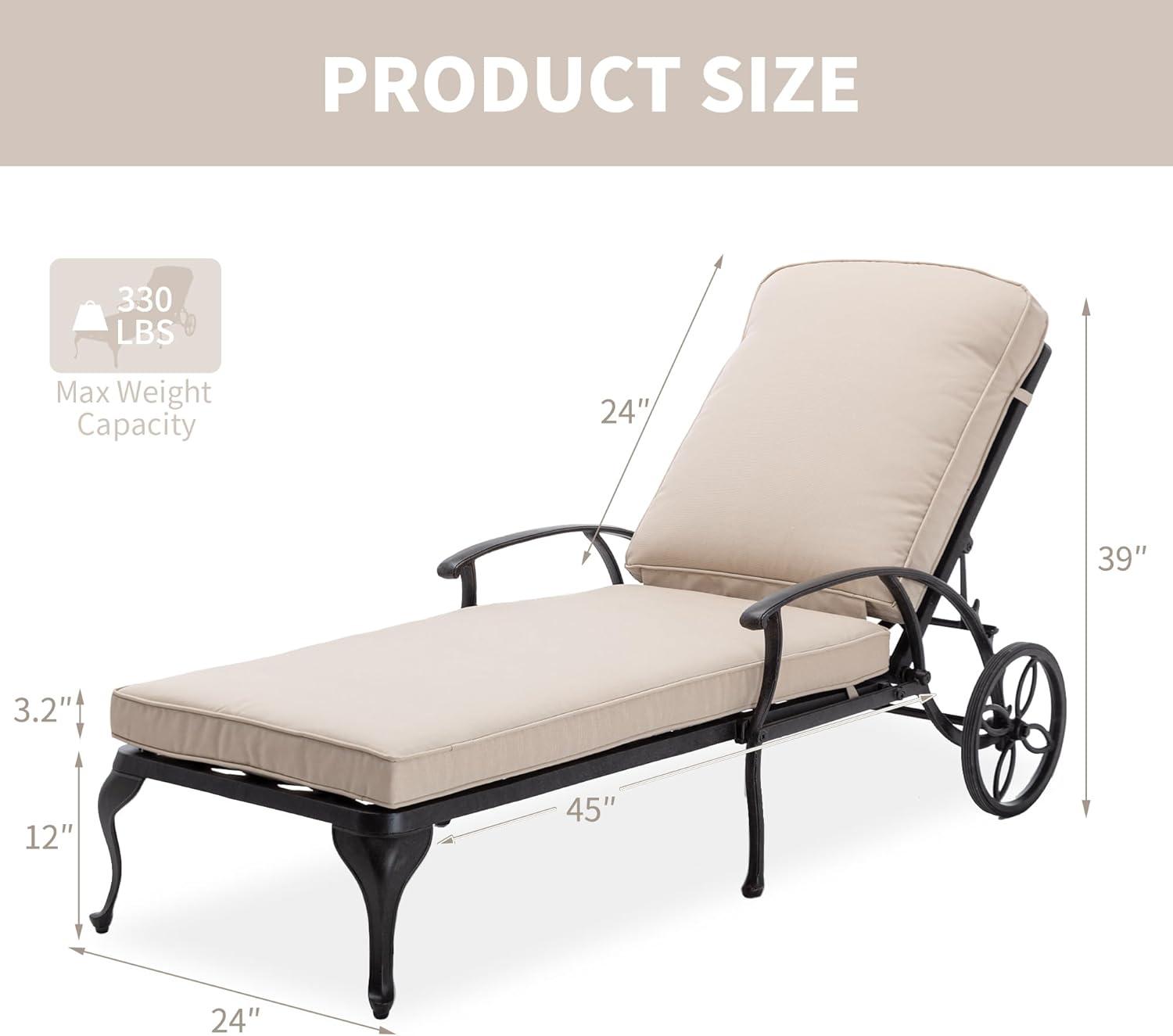 Outdoor Chaise Lounge Chairs, Pool Lounge Chairs with Cushion Cast Aluminum Patio Lounger with Wheels and Adjustable Reclining