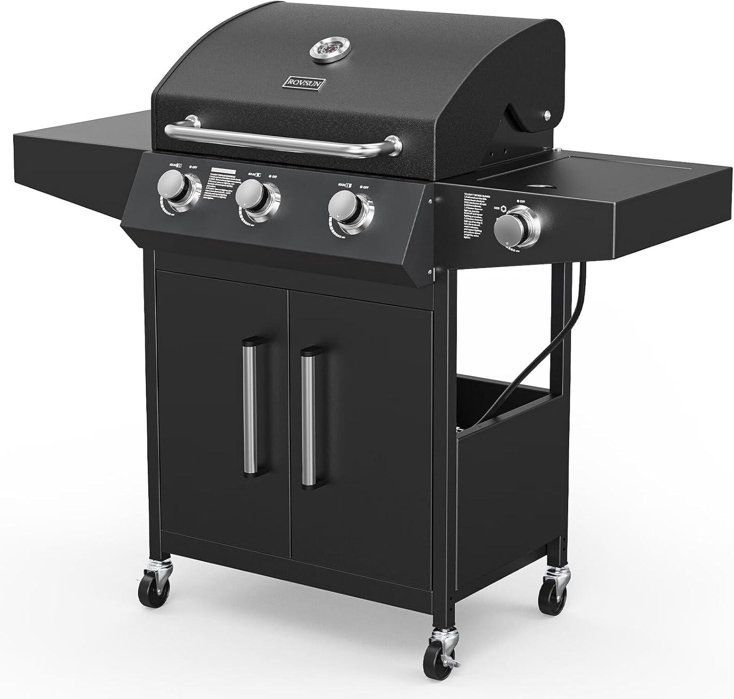 Black Stainless Steel 3-Burner Propane Gas Grill with Side Burner