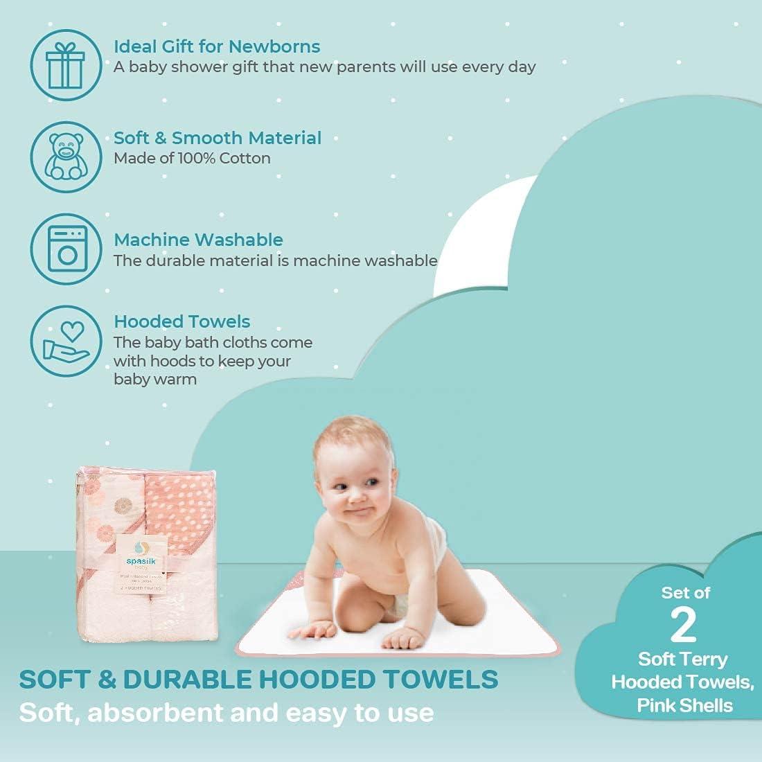Spasilk Baby Hooded Towel Bath Set, Muslin Printed Hood, Pack of 2, Pink Shells